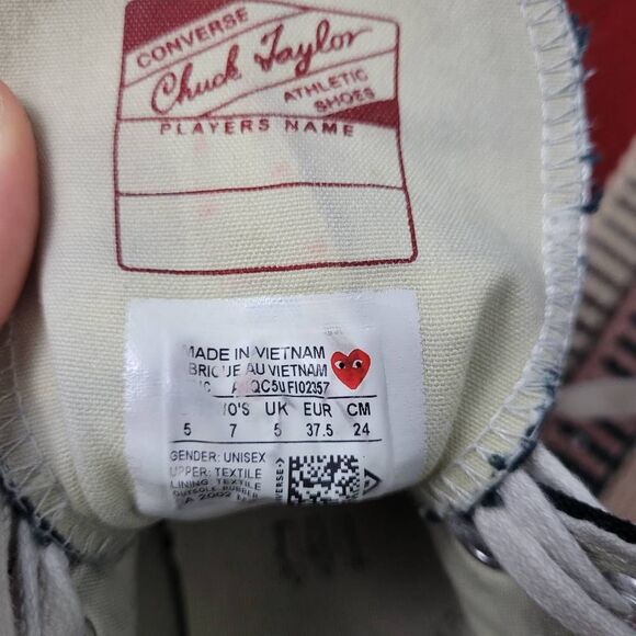 Converse x Comme De Garcons Play High Top Sneakers Sz W 7 M 5 Hidden Heart Black - Picture 9 of 9